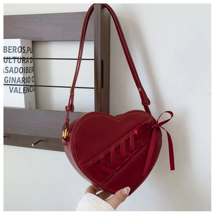 JIAERDI Retro Heart Red Crossbody Bags For Women 2025 Pu Leather Chic Bow Messenger Bag Ladies Retro Sweet Handbag Purse Female
