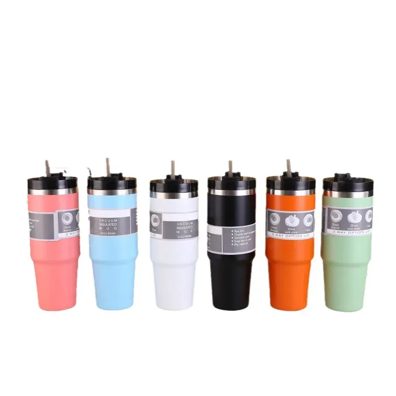 30oz straw car cup double-layer 304 stainless steel thermos cup outdoor portable large-capacity Bingba water cup