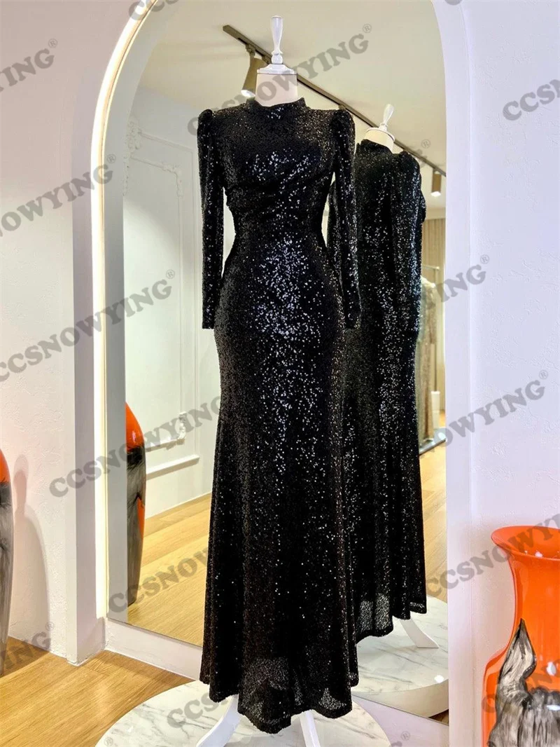 

Sparkly Sequin Long Sleeve Evening Gown Mermaid Islamic Formal Party Dresses High Neck Women Arabic Kaftan Robe De Soiree