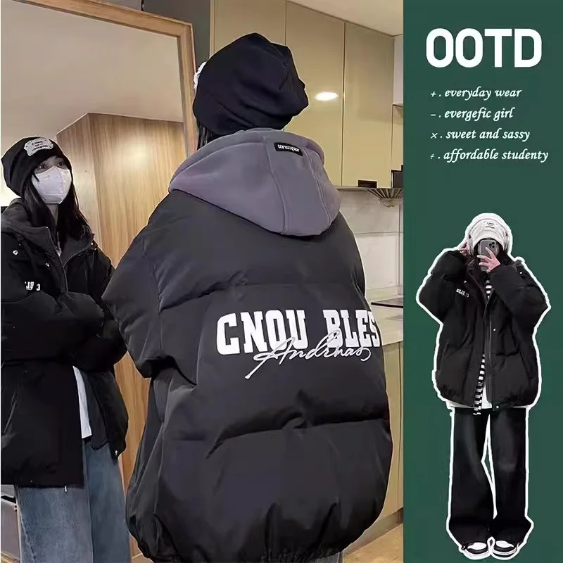 

Women Black Down Jacket Coat Letter Fashion Hooded Streetwear Windproof Thicken Duck Down Feather Female Puffer Winter Outwear