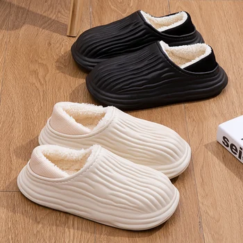 Winter Women Cotton Slippers Warm Non-Slip Thick Bottom Slides Soft Waterproof Home Shoes Plush Men Couple Outdoor Slipper 1