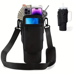 Water Bottle Carrier Bag with Phone Pocket and Adjustable Strap (Black)