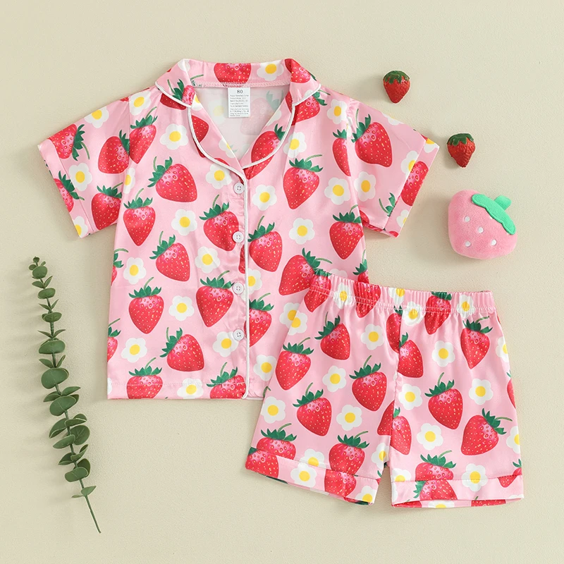 Lioraitiin Toddler Baby Girls Summer Satin Pajamas Pyjamas Set Strawberry Print Short Sleeve Button Turn-down Shirt Short Outfit