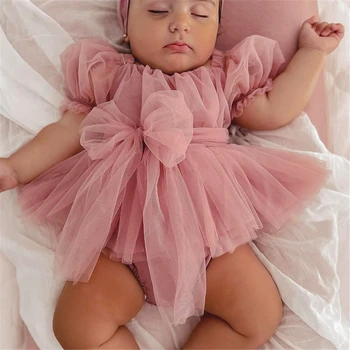 0-24M Infant Baby Girl Romper Dress Solid Color Short Sleeve Front Bowknot Tulle Jumpsuit Headband Baby Girl Summer Clothes 1
