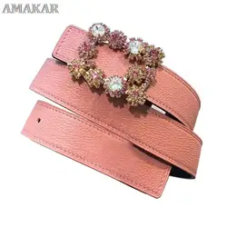 Real Leather Belt Women Colorful Diamonds Bling Shine Fashion Sweet Lady Dress Accessory Luxury Design