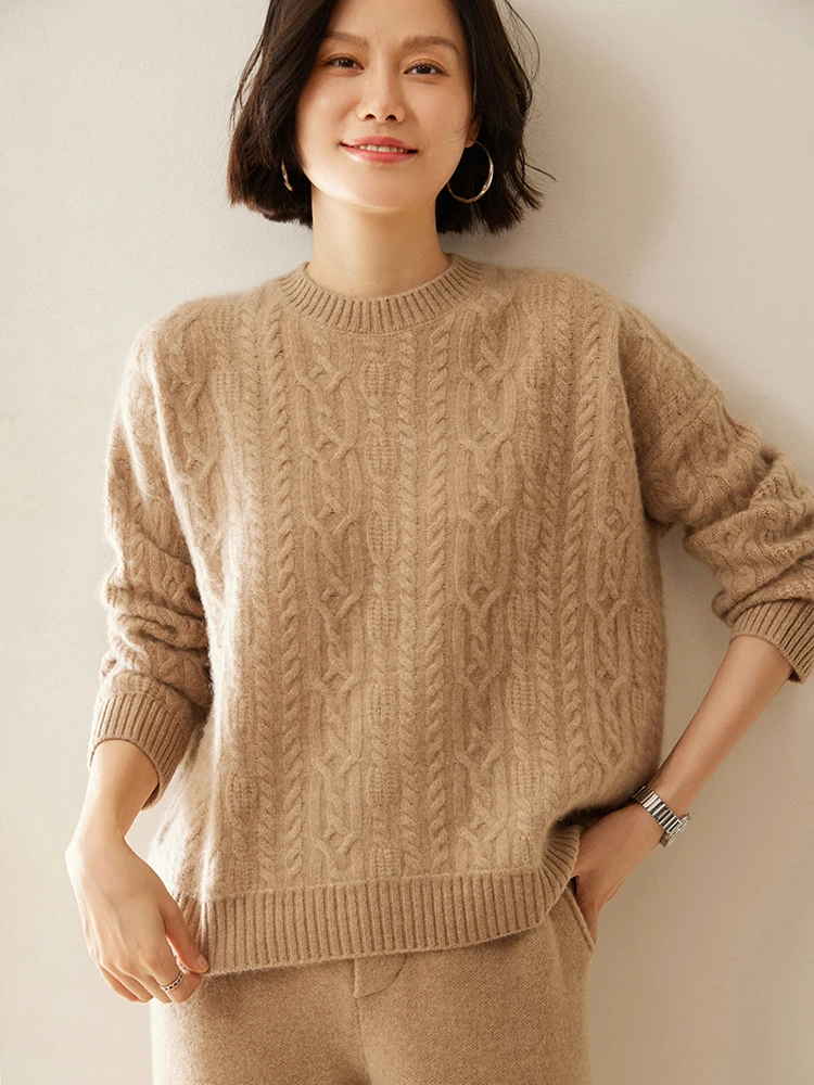New Chic Women Cashmere Cable Knit Sweater O-neck Pullover Autumn Winter Thick Long Sleeve 100% Cashmere Knitwear Vintage Style 4