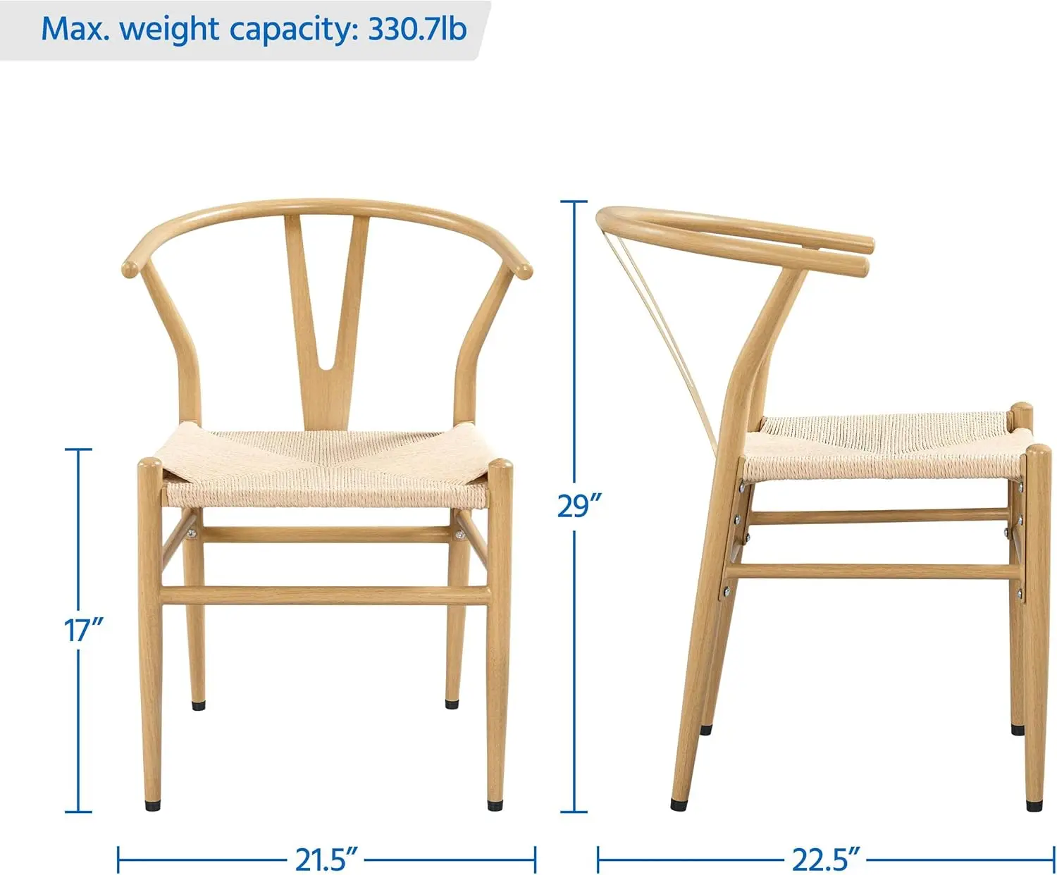 Set of 4 Weave Chair Mid-Century Metal Dining Chair Y-Shaped Backrest Hemp Seat Wood Color Modern Style
