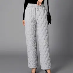 Winter Cotton Pants Rhombic Lines Side Pockets Women Thickened Padded Pants Elastic Waist Straight Wide Leg Quilted Trousers