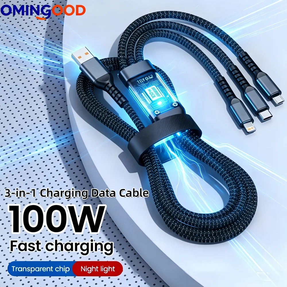 새로운 100W 고속 충전 나일론 편조 멀티 충전 케이블 3-in-1 USB 코드 (..