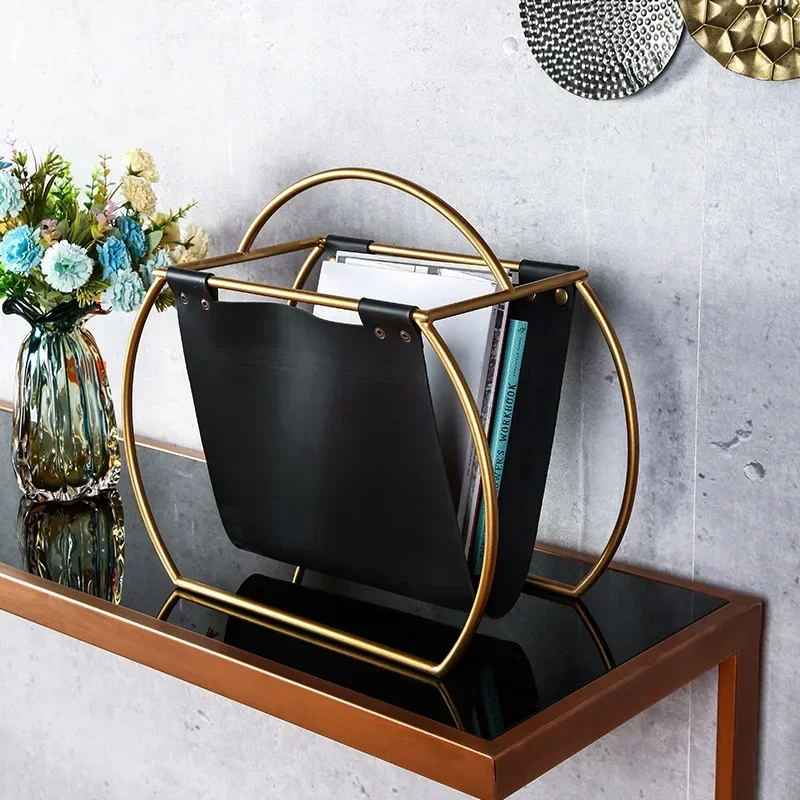 Nordic Magazine Organizer, Lightweight Iron and Leather Storage Bag for Living Rooms, Minimalist Rack for Home or Office Use