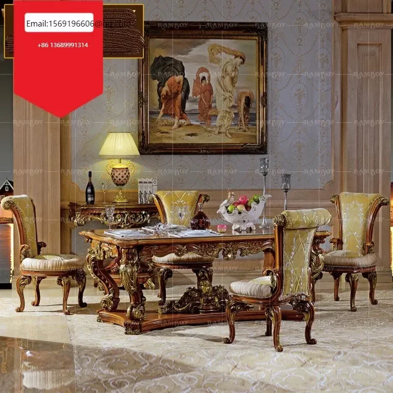 

European solid wood French classical long villa room dining table chair combination home