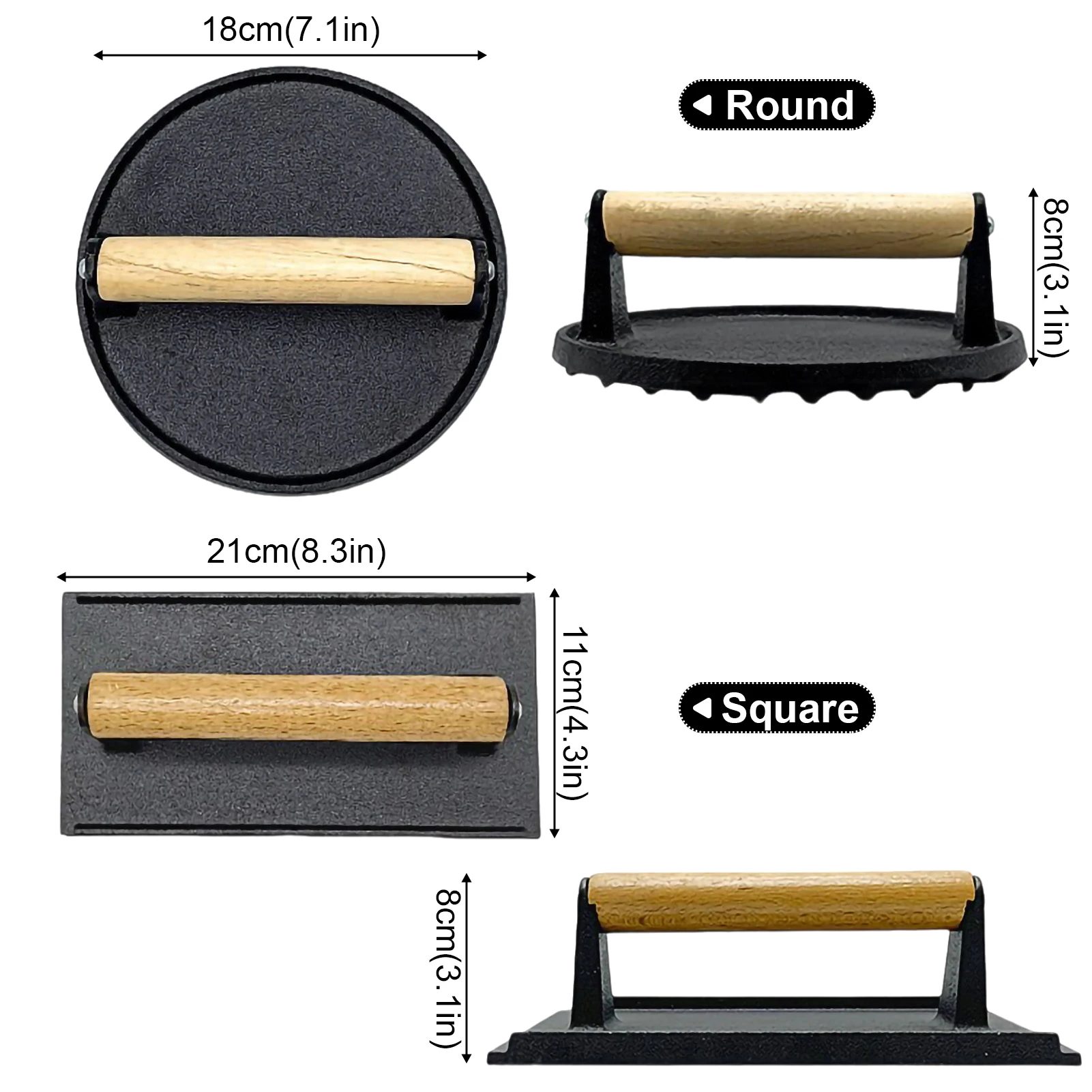Universal Grill Meat Press Round Rectangular Heavy-Duty Steak Press with Handle Bbq Cooking Tool High Temperature Resistance