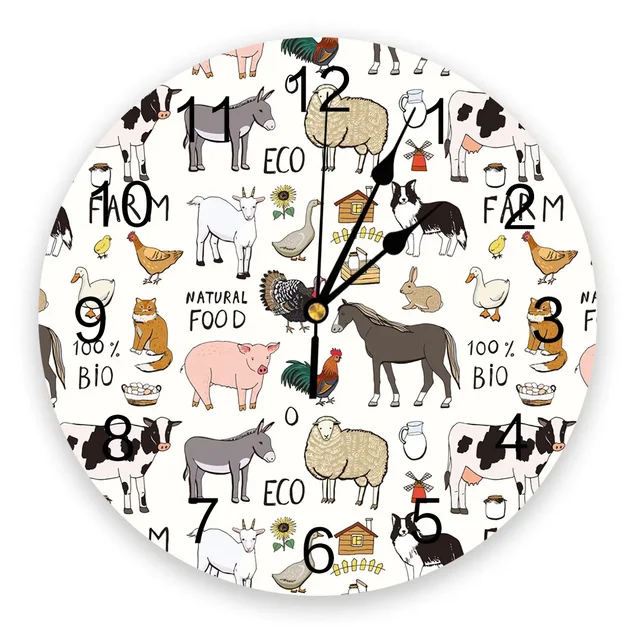 Cow Pig Goat Chicken Duck Letters Wall Clocks: Large Wall Decor Clocks for Home and Office