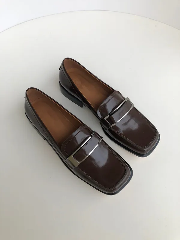 Withered French Style  Shoes Women Office Lady Genuine Leather Retro Square Toe Slip-On Loafers Women Flat