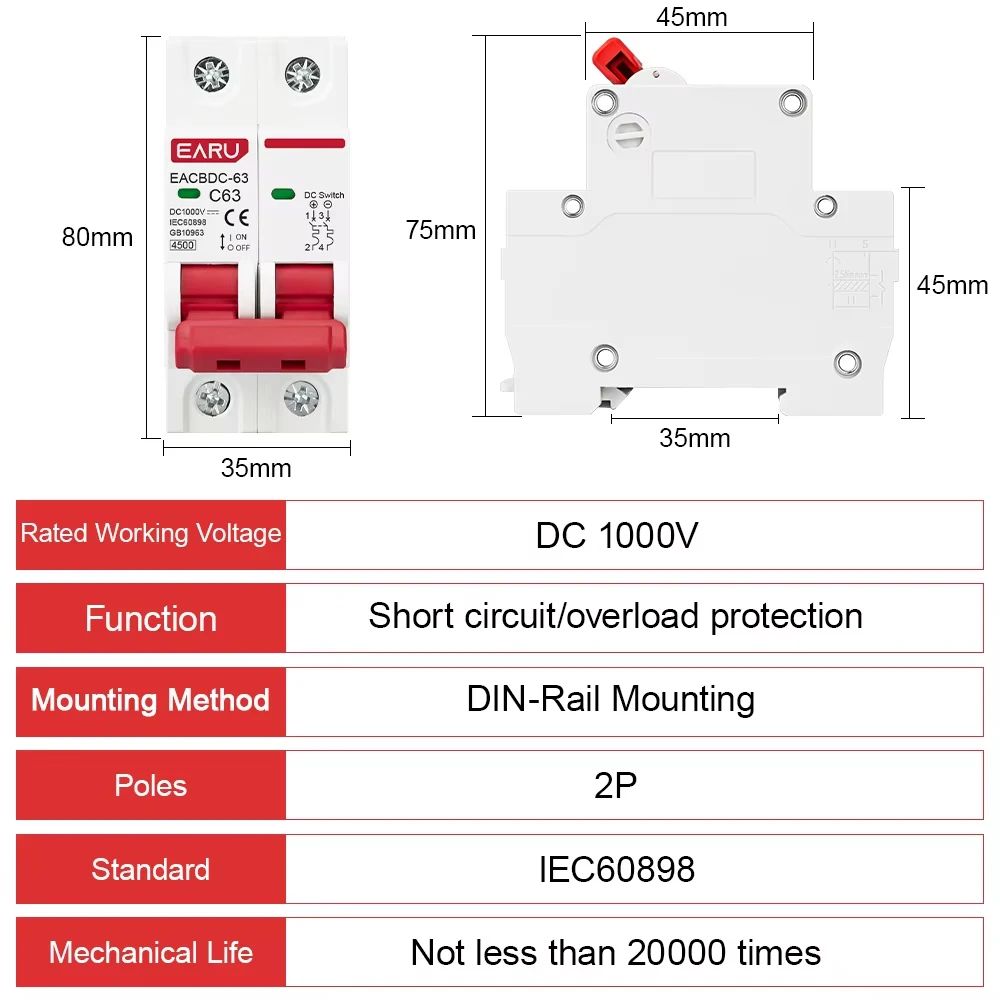 DC MCB Mini-stroomonderbreker 2P 80A 100A 125A 600V Mini