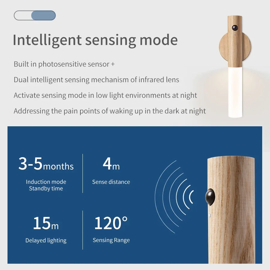 Rechargeable Human Body Induction Night Light Magnetic Motion Sensor Wood Wall Lamp Cabinet Light For Kitchen Stairs Wardrobe 6