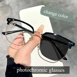 Stylish Unisex Photochromic Anti - Radiation Round Half - Frame Sunglasses (Black golden)