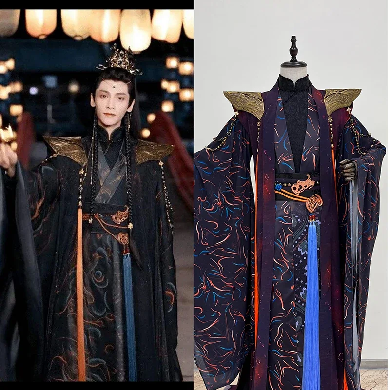 

New TV Till The End of Moon Actor Tan TaiJin Emperer Devil Black Male Costume Drama Hanfu and Hair Tiara Set Cosplay Photograph