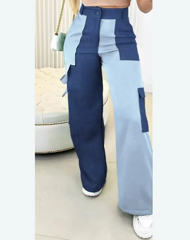 

Women Pants 2023 Summer Fashion Colorblock Patchwork Wide Leg Casual Daily High Waist Pocket Design Long Cargo Pants Streetwear
