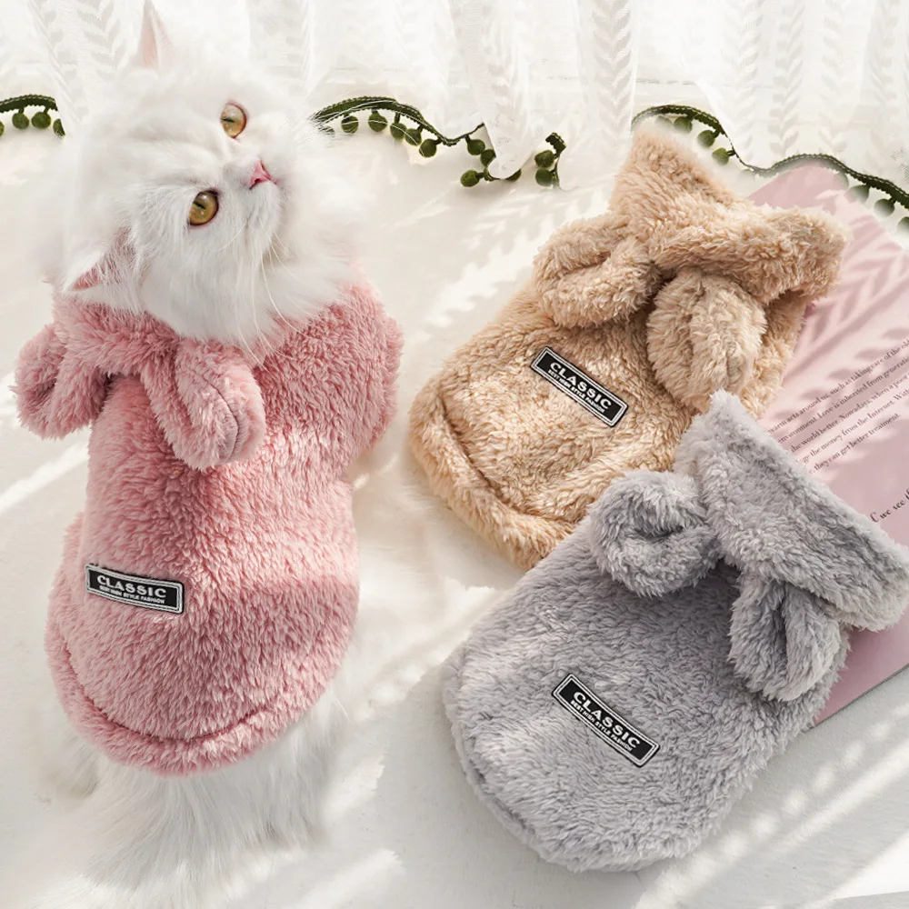 Pet Clothes Rabbit Ear Comfortable Cotton Fleece Hooded Pet Clothing Autumn and Winter Clothes Cat Warm Hoodie Dog Clothing Supplies