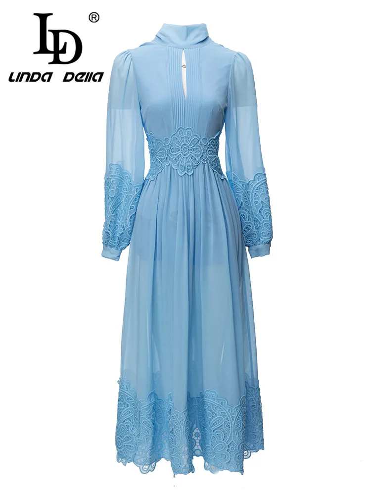 

LD LINDA DELLA 2023 New Style Elegant Party Dress Women's Sky Blue Long Sleeve Hollow Out Print Draped Lace Slim Fit Dress