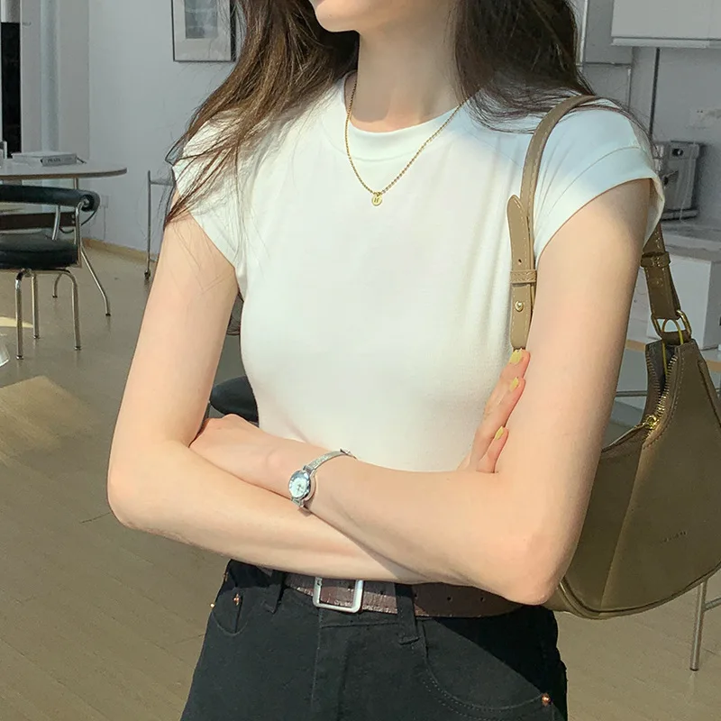 

Wholesale Solid Basic White T Shirts Crop Top Women Casual Tops Summer Tops O Neck Short Sleeve Base Slim Skinny Simple T Shirt