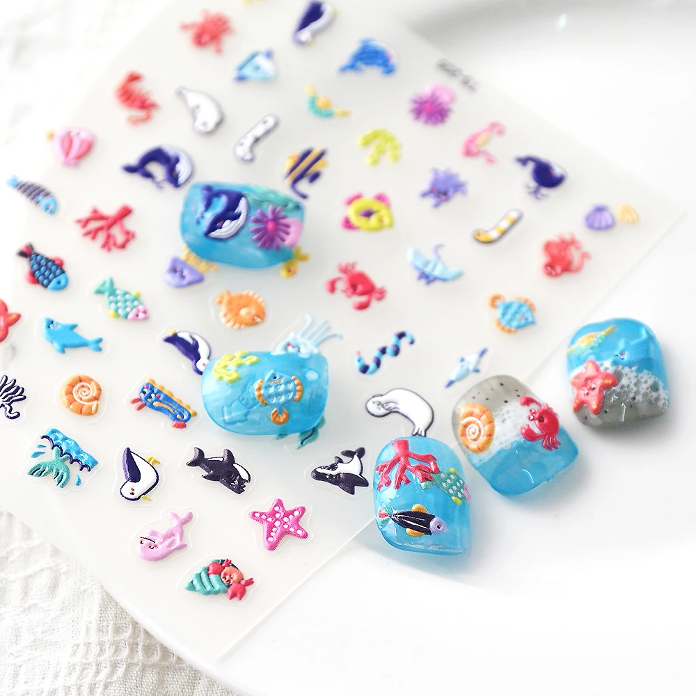 Sea Animals 5D Nail Stickers Ongle Nail Supplies Fake Nail Tapes Embosses Decals 5