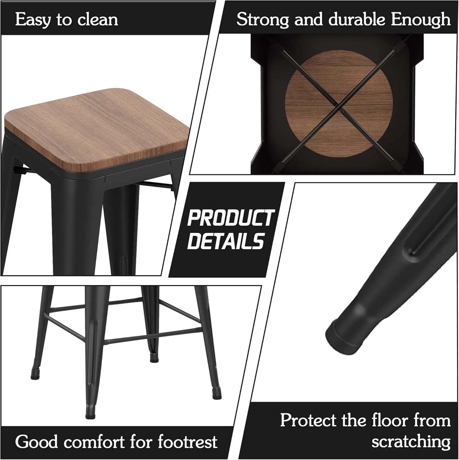 30" Metal Bar Stools Set of 4 Stackable Counter Height Barstools Backless Industrial Kitchen Bar Chairs with Wooden Seat-Matte