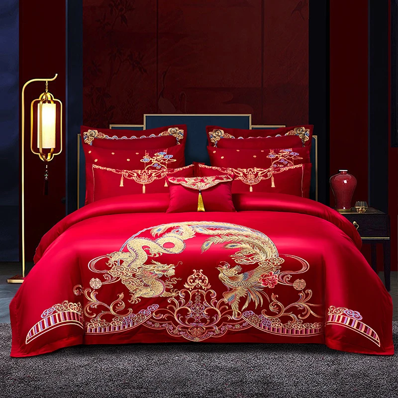 

Постельное белье Golden Loong с вышивкой Феникс, красный хлопковый пододеяльник, простыня, наволочки, Китайский Свадебный текстиль, домашний текстиль, комплект роскошного постельного белья