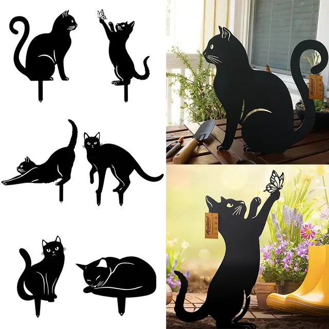 Creative Iron Art Black Cat Statues Garden Ornaments Cats Figurine Silhouette Ground Plug Sculpture Outdoor Yard Lawn Decoration