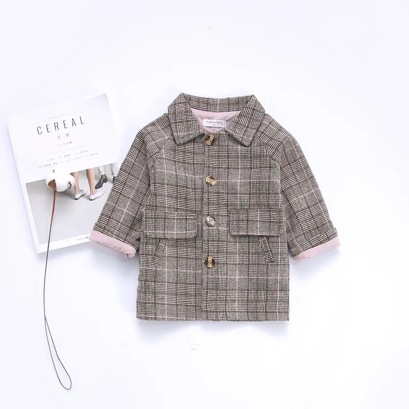 

Children Clothes 2023 Korean Spring Girl Jacket Cotton Long Plaid Single-breasted Outwear Kids Coat For 2-7Y