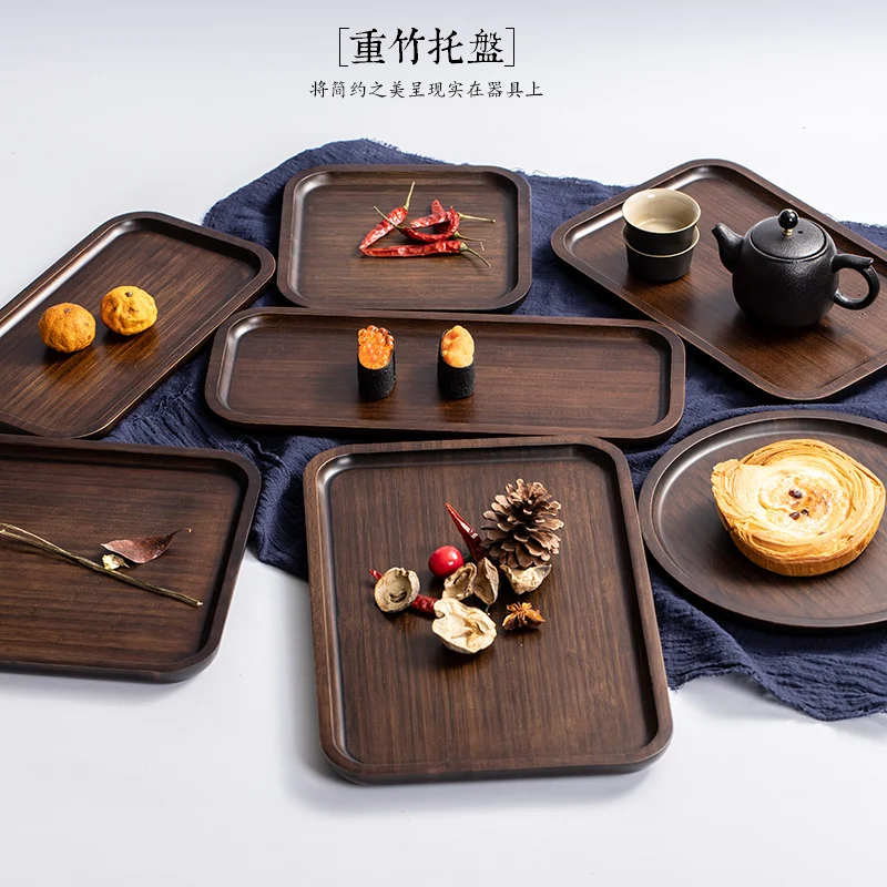 

Japanese-style bamboo wooden tray for household teacups tableware advanced sense plates rectangular round tea plates set