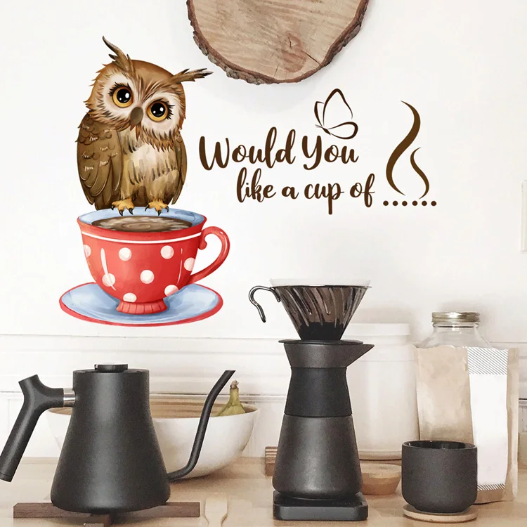 Kreative Wandaufkleber mit Eule und Tasse, Wohnzimmer, Küche, Dekoration, Wandbild, Restaurant, Café, Verschönerung, Dekor, selbstklebende Tapete – Detail 2