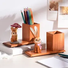 

Desk Accessories Organizers Wood Penholder School Stationery Supplies Items Cute Rabbit Ornament Estojo Organizador Escolar Kids