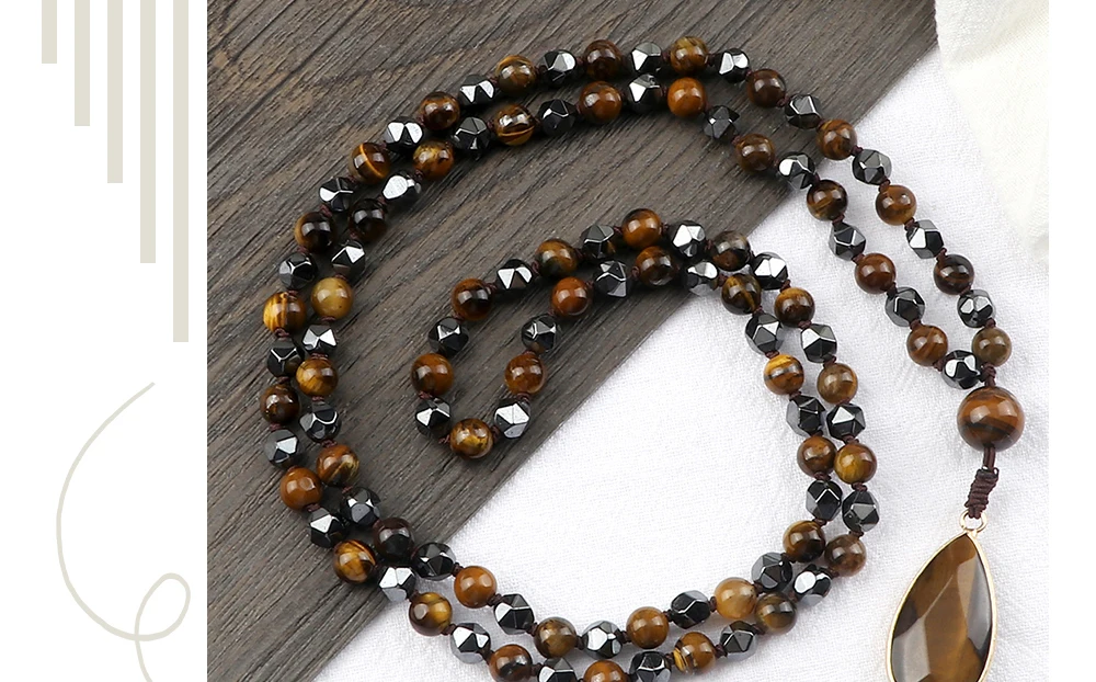New Drop Pendant 108 Beads Necklace Irregular Hematite Tiger Eye Stone Health Protection Men Long Necklaces Women Yoga Jewelry