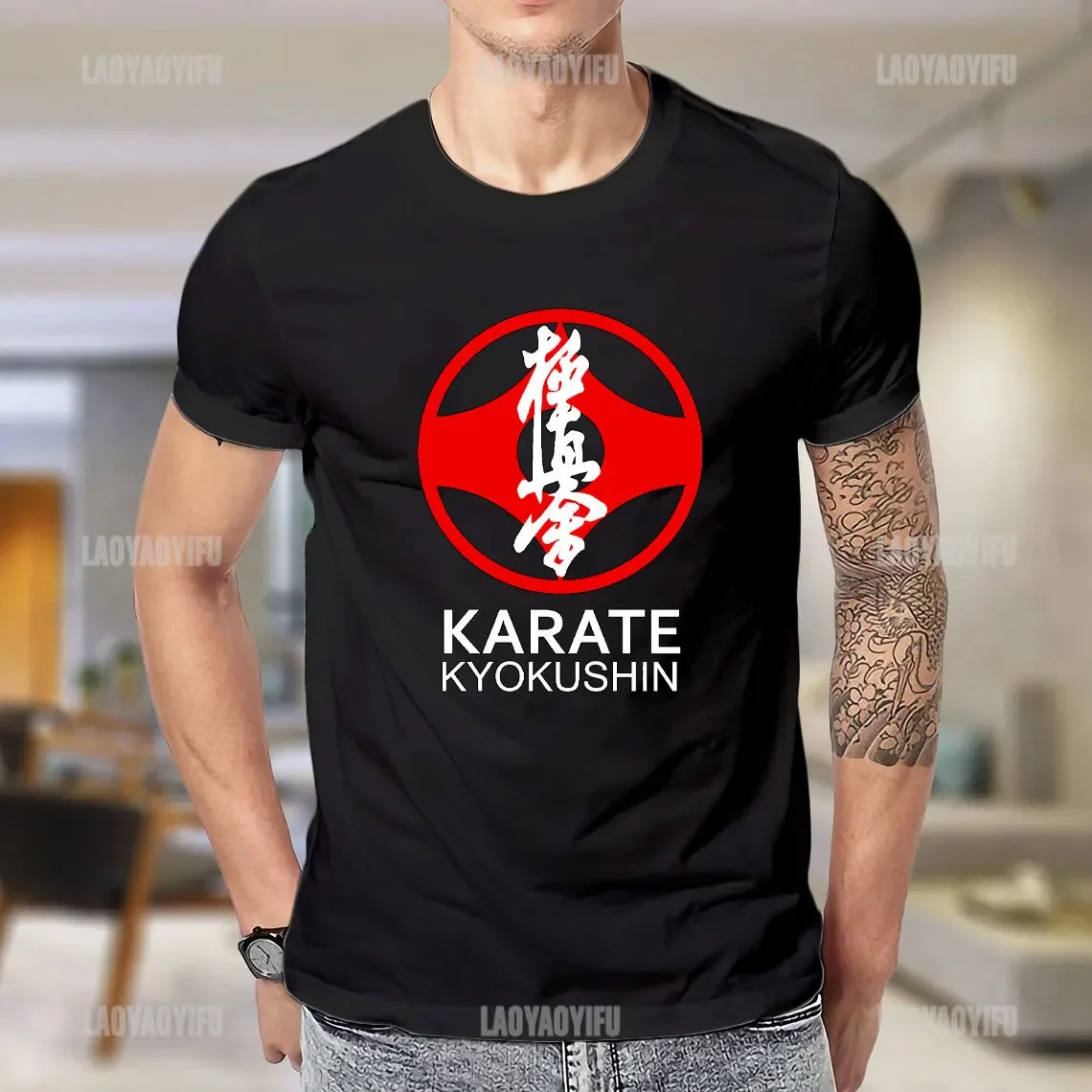 

Kyokushin Karate Symbol and Kanji White Text Cotton T-Shirt Men Combat Outdoor Fitness Breathable Graphic T Shirts Male Gift