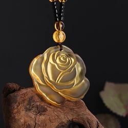 Vintage Yellow Crystal Stone Carved Rose Flower Pendant Necklace for Women Fashion Party Banquet Beaded Necklace Jewelry