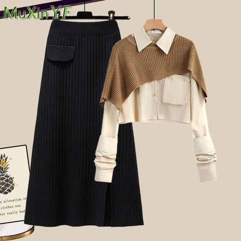 women s spring autumn new knit shawl white shirt midi skirt three piece korean elegant chic dress matching set female clothing Women's Autumn Winter Chic Loose Knit Shawl+Shirt+High Waist Midi Skirt Three Piece Suit Korean Elegant New Dress Matching Set