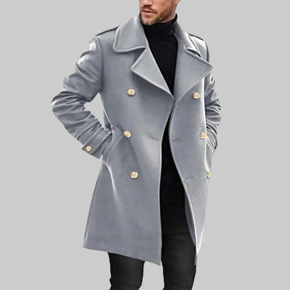 

Men Fall Winter Overcoat Double-breasted Turn-down Collar Thick Mid Length Warm Pockets Streetwear Cardigan Men Trenchcoat