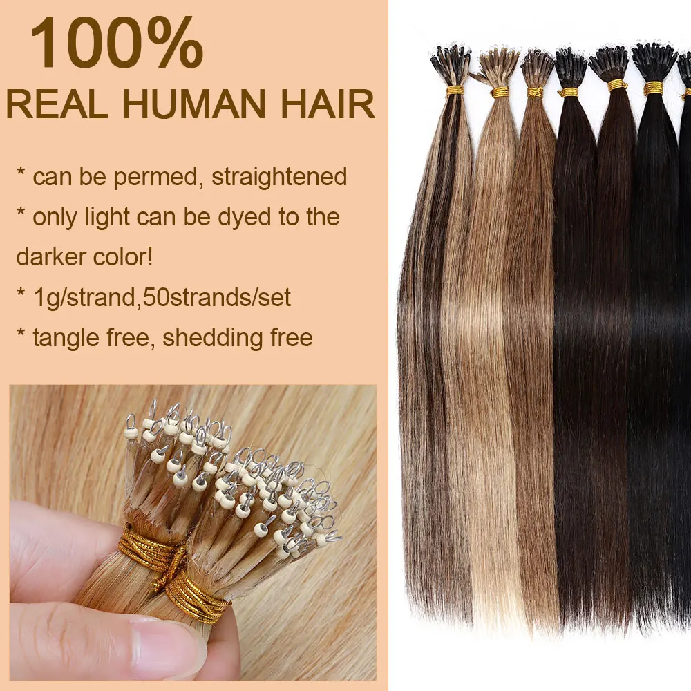 Benehair Human Hair Extensions Micro Ring Micro Beads Easy Loop 100% Remy Hair Extension Micro Link Hair 1g/Strand 100g Black Pre Bonded Soft, Size