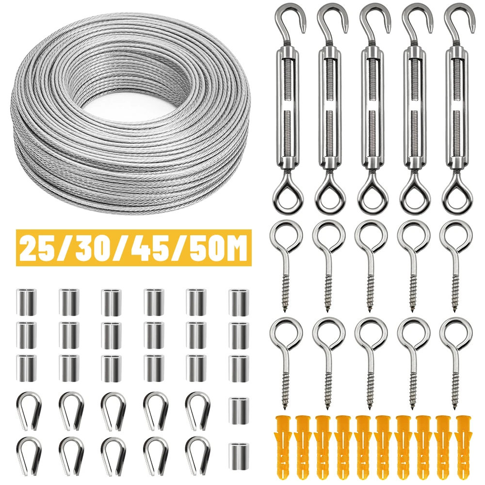 Corde de sécurité pour camping, 56 pièces/ensemble, fil en acier flexible enduit de PVC, garde-corps en acier inoxydable, 25/30/45/50m
