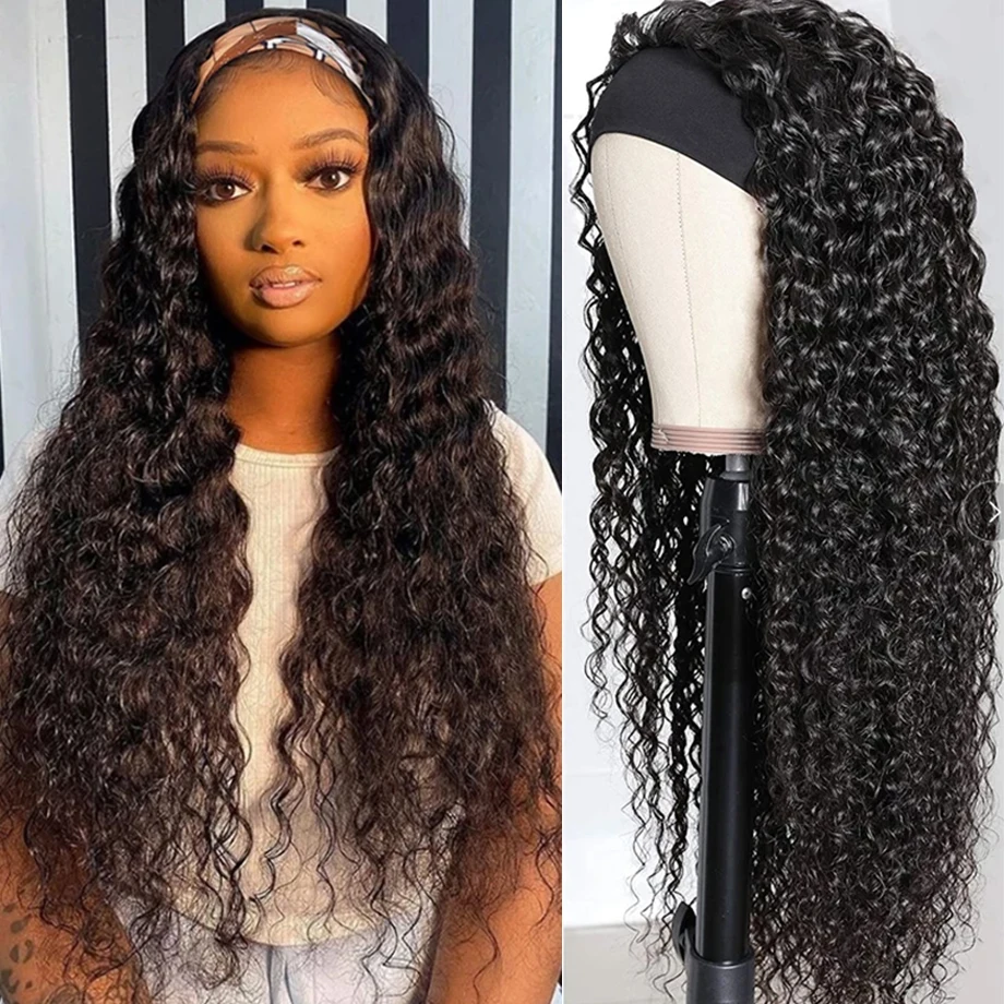 Water Wave Glueless Headband Wig Human Hair Natural Color 180 Density