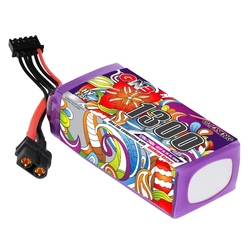 Batterie LiPo 1300mAh 4S 14.8V connectée à un drone RC, prête à l'emploi