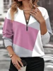 Autumn Color Blocked Printed Women's Long Sleeved T-shirts Geometry Zipper V-neck High Street Woman Tops Loose Casual Clothes