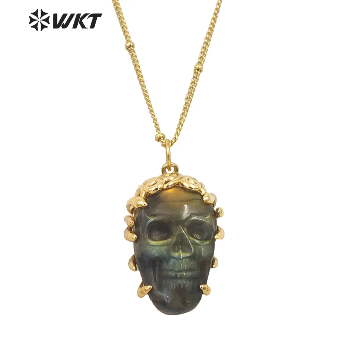 

WT-N1462 New Arrival Special Skull Shape Labradorite Stone 18k Gold Plated For Rock Or Hip-Hop Lovers Unique Necklace