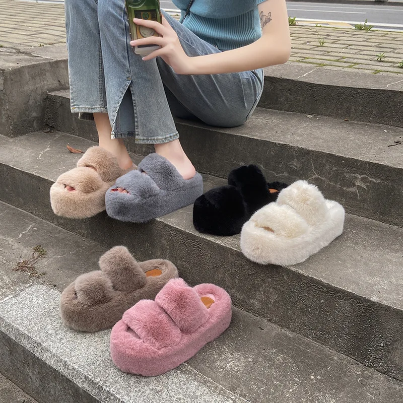 2023 New Autumn and winter fashion cross fluffy slippers heel 7CM women's indoor and outdoor one word flat cotton slippers