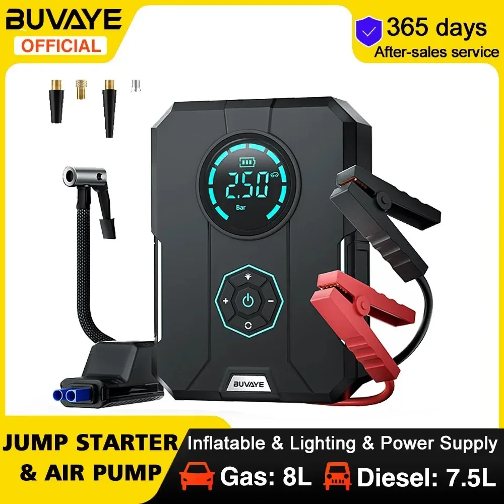 BUVAYE Car Jump Starter Air Pump Power Bank Portable Air Compressor Car Battery Starter Starting Auto Tyre Inflator Powerbank Air Compressor Pump Tire Inflator