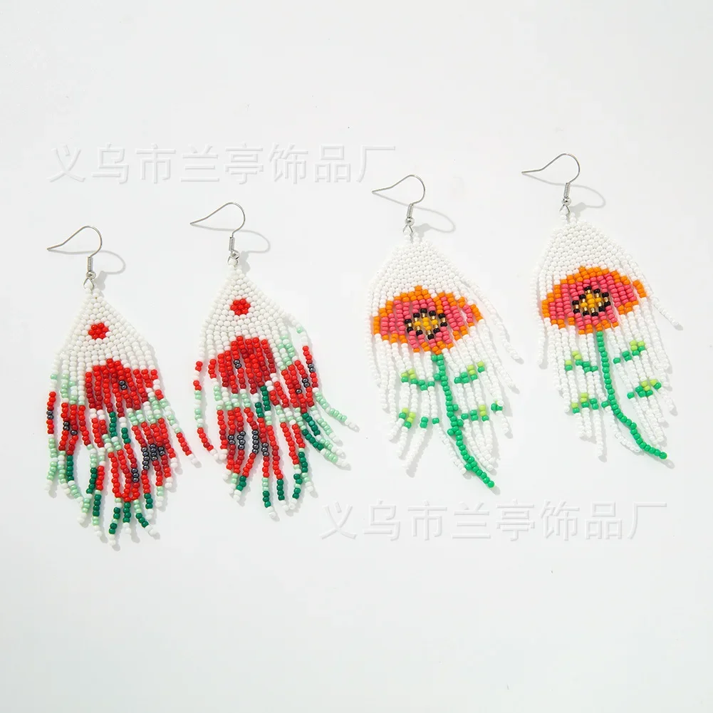 

Beaded earrings Tassels Sunflower Roses Hand knitting Patterns Fashion Simplicity Creative Bohemian Rice bead earrings