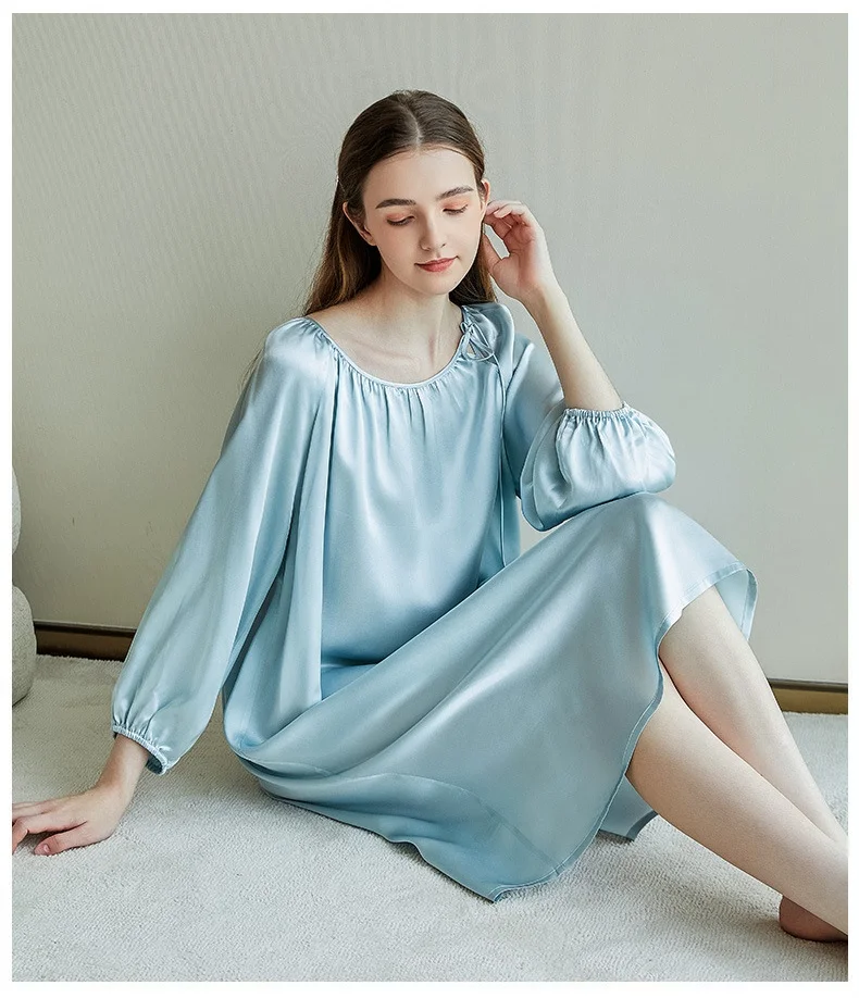 

Long Sleeve Pure Silk Night Dress Satin Loose Loungewear Nightgown Plus size Nightwear Mulberry Silk Women Sleepwear Home Dress