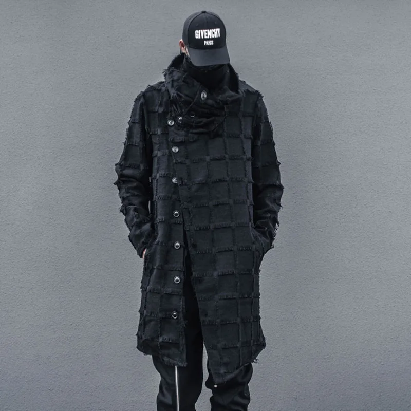 PFNW Men's Autumn New Windbreaker Darkwear Irregular Gothic Mid Length High Neck Scarf Hooded Tide Chic Trendy Punk Coat 12Z5072